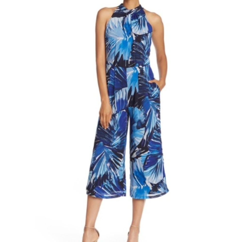 Maggy London Jumpsuit Womens 8 Blue Sleeveless Halter Tie Neck Wide Leg Tropical